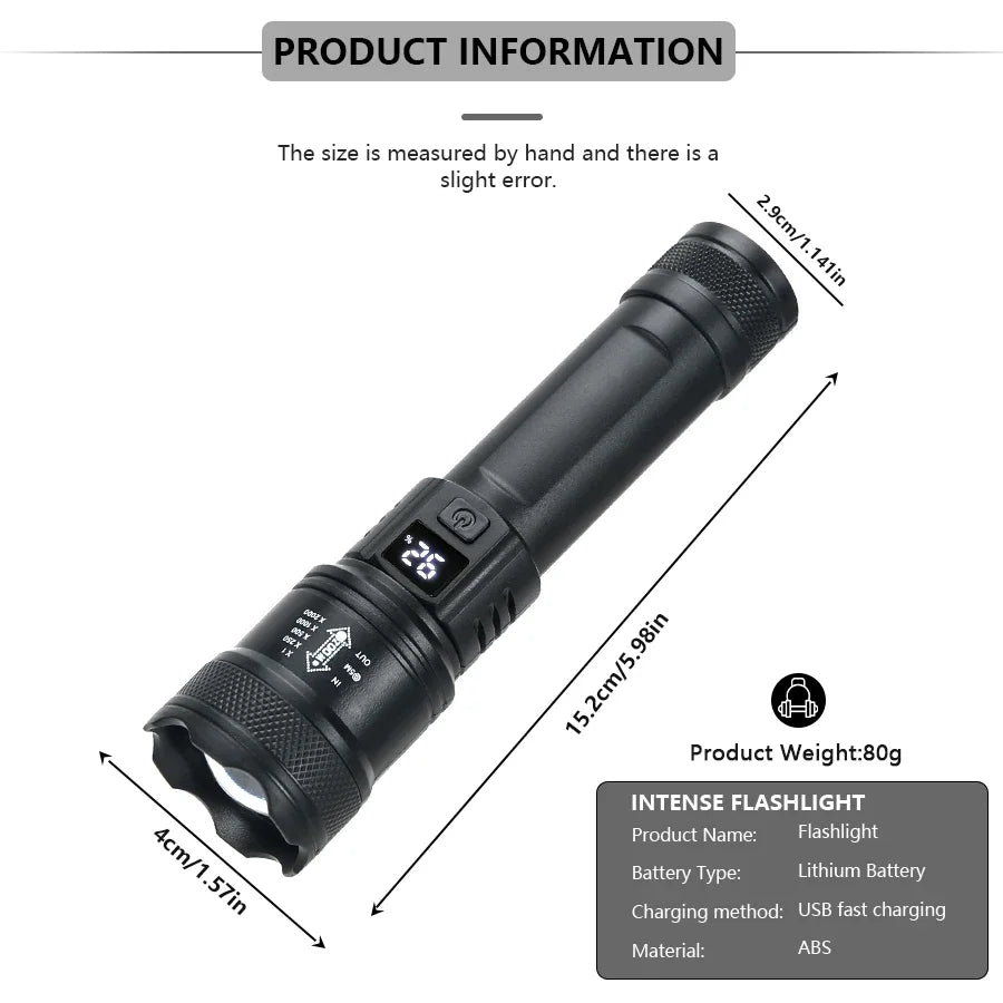 2000LM Tactical LED Flashlight – USB Rechargeable, Zoomable Torch with Power Display for Camping, Fishing, Emergency
