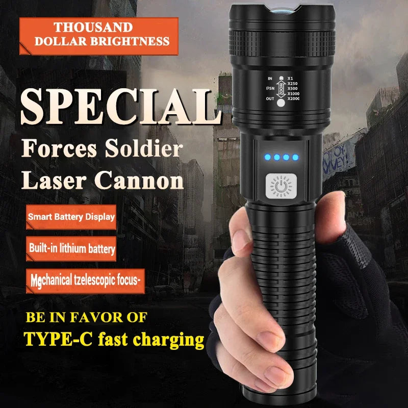 2000LM Tactical LED Flashlight – USB Rechargeable, Zoomable Torch with Power Display for Camping, Fishing, Emergency