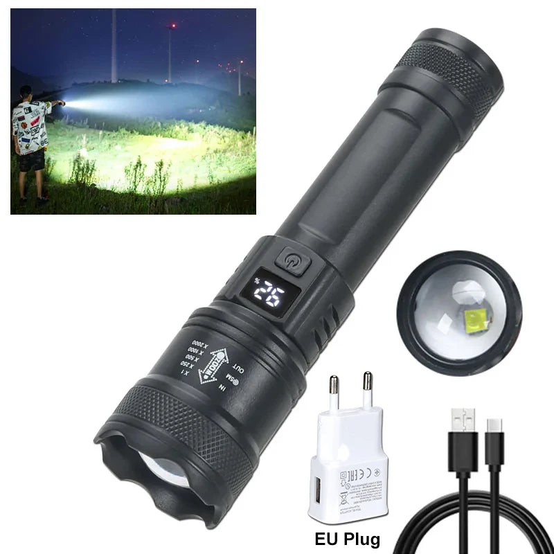 2000LM Tactical LED Flashlight – USB Rechargeable, Zoomable Torch with Power Display for Camping, Fishing, Emergency