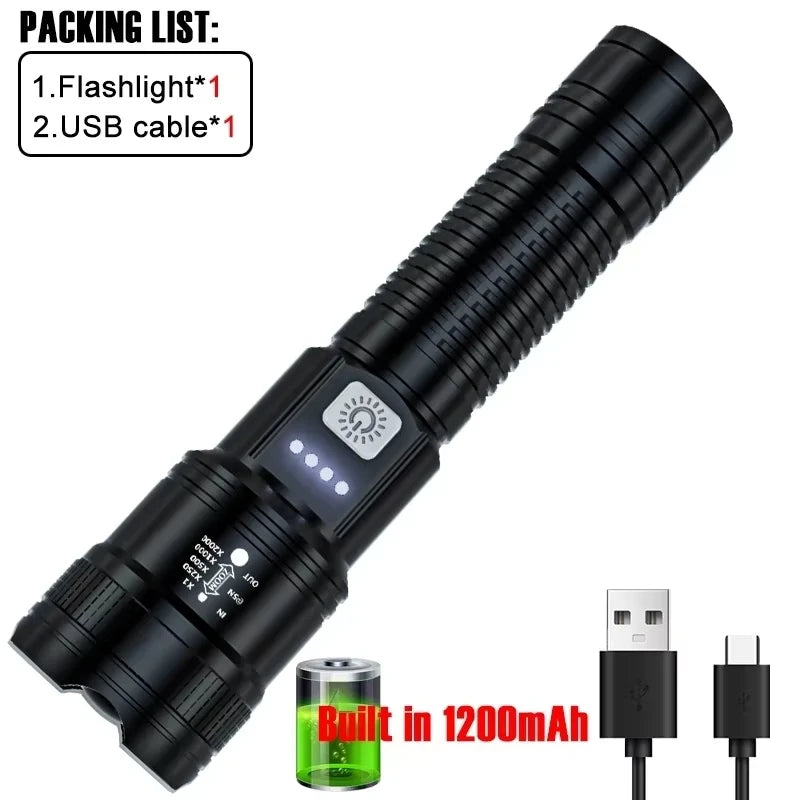 2000LM Tactical LED Flashlight – USB Rechargeable, Zoomable Torch with Power Display for Camping, Fishing, Emergency
