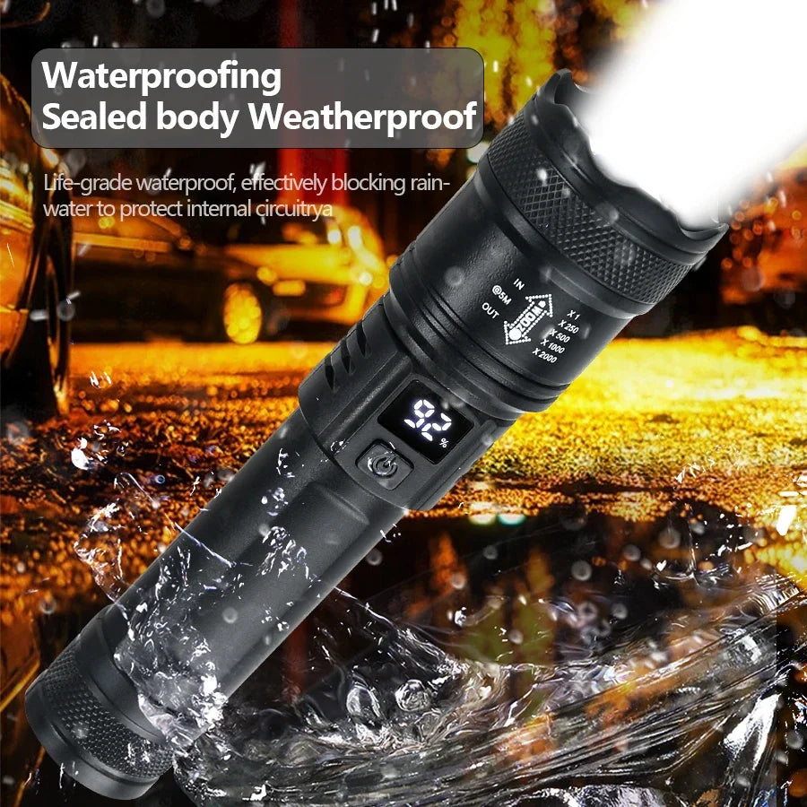 2000LM Tactical LED Flashlight – USB Rechargeable, Zoomable Torch with Power Display for Camping, Fishing, Emergency