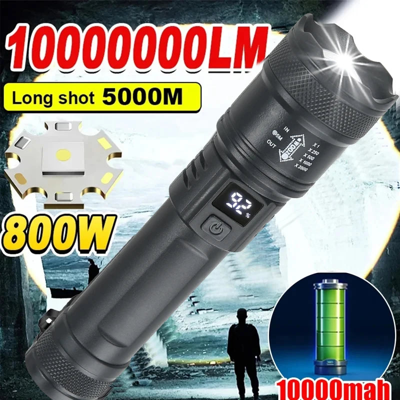 2000LM Tactical LED Flashlight – USB Rechargeable, Zoomable Torch with Power Display for Camping, Fishing, Emergency