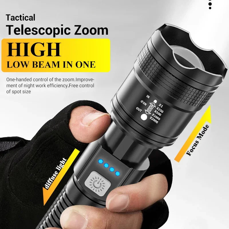 2000LM Tactical LED Flashlight – USB Rechargeable, Zoomable Torch with Power Display for Camping, Fishing, Emergency