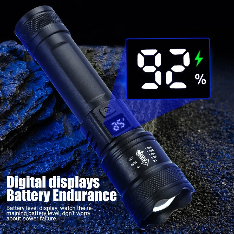 2000LM Tactical LED Flashlight – USB Rechargeable, Zoomable Torch with Power Display for Camping, Fishing, Emergency