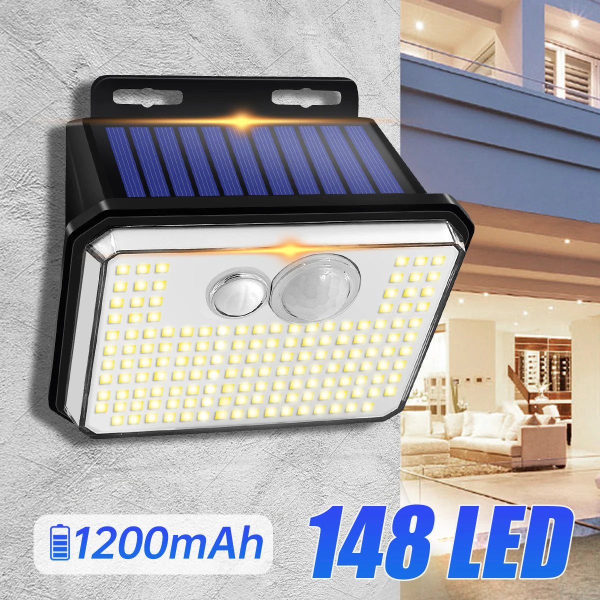 Solar Motion Sensor Wall Light – 148 LEDs, IP65 Waterproof, 3 Modes, Ultra Bright for Outdoor Security