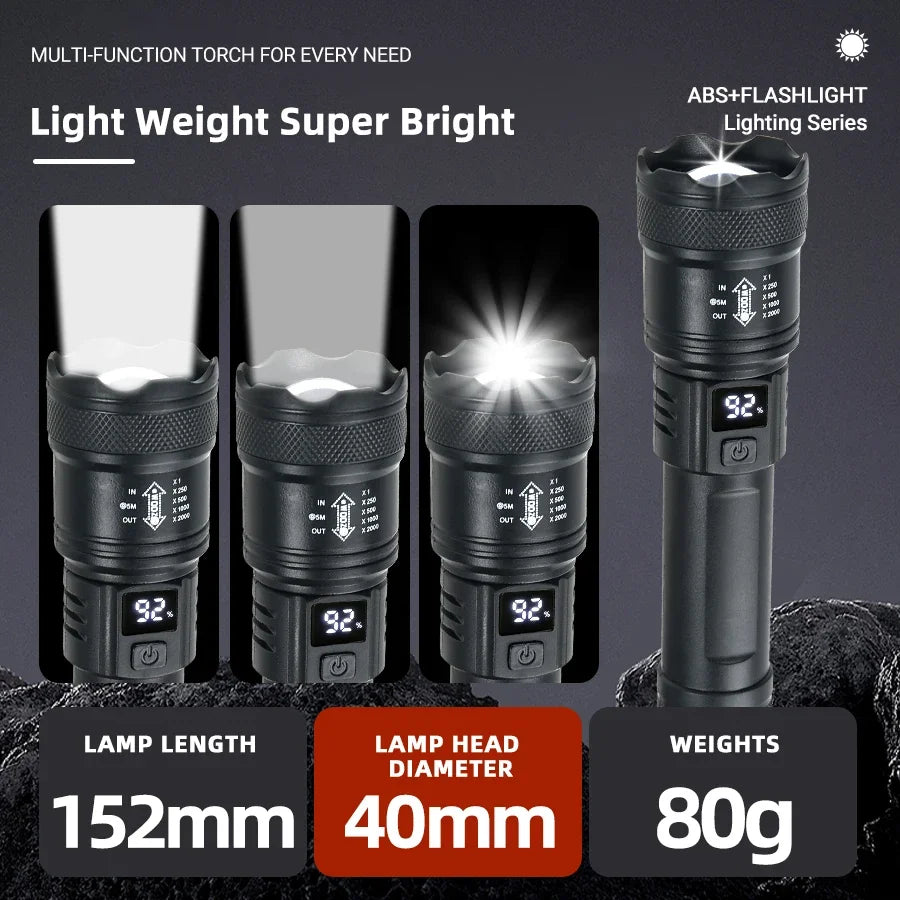 2000LM Tactical LED Flashlight – USB Rechargeable, Zoomable Torch with Power Display for Camping, Fishing, Emergency