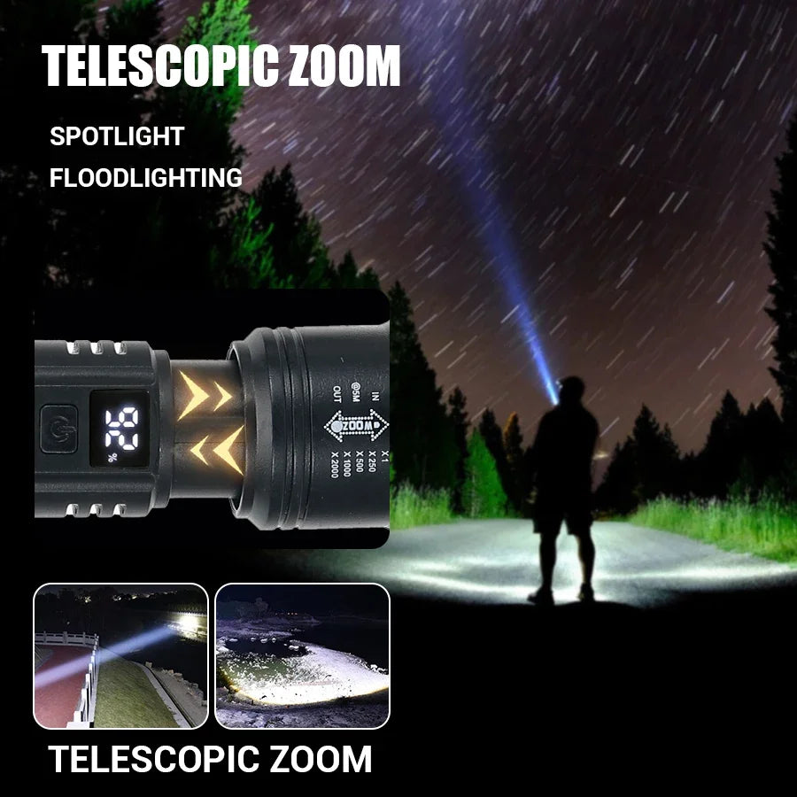 2000LM Tactical LED Flashlight – USB Rechargeable, Zoomable Torch with Power Display for Camping, Fishing, Emergency