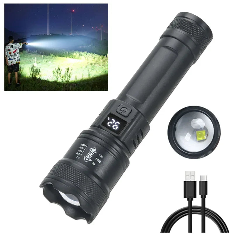 2000LM Tactical LED Flashlight – USB Rechargeable, Zoomable Torch with Power Display for Camping, Fishing, Emergency