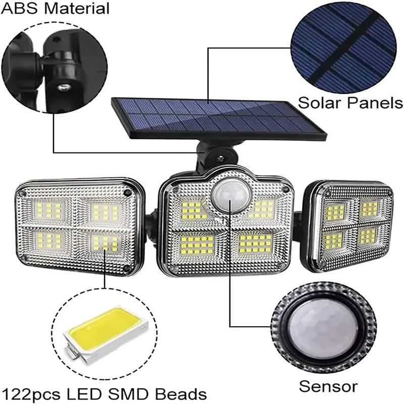 Ultra-Bright 122 LED Solar Flood Light – 4-Head Motion Sensor | 3000LM, 270° Wide-Angle, Waterproof Outdoor Security Lighting