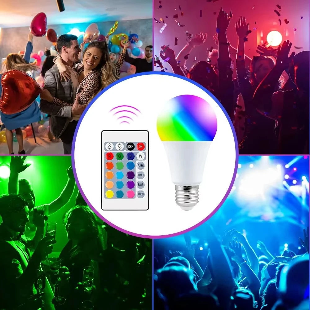 RGB LED Smart Bulb with 24-Key Remote – 16 Colors | Dimmable E27 Light for Mood, Decor & Everyday Use (220V)