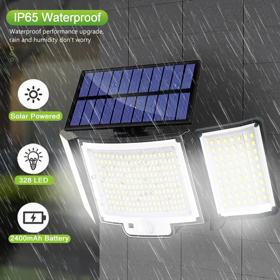 Solar Motion Sensor Wall Light – 328/348 LEDs, Ultra Bright, IP65 Waterproof, 3 Modes for Outdoor & Garden Use