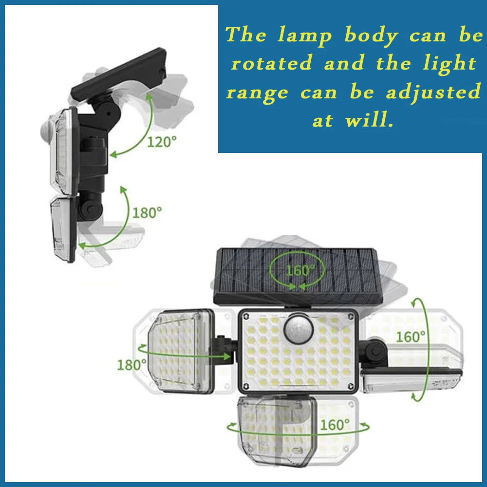 Ultra-Bright 122 LED Solar Flood Light – 4-Head Motion Sensor | 3000LM, 270° Wide-Angle, Waterproof Outdoor Security Lighting