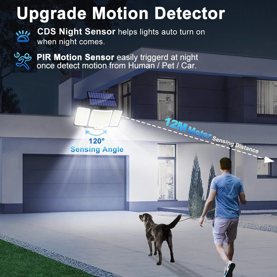 Solar Motion Sensor Wall Light – 328/348 LEDs, Ultra Bright, IP65 Waterproof, 3 Modes for Outdoor & Garden Use