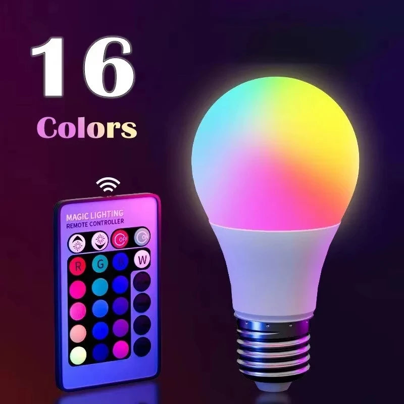 RGB LED Smart Bulb with 24-Key Remote – 16 Colors | Dimmable E27 Light for Mood, Decor & Everyday Use (220V)