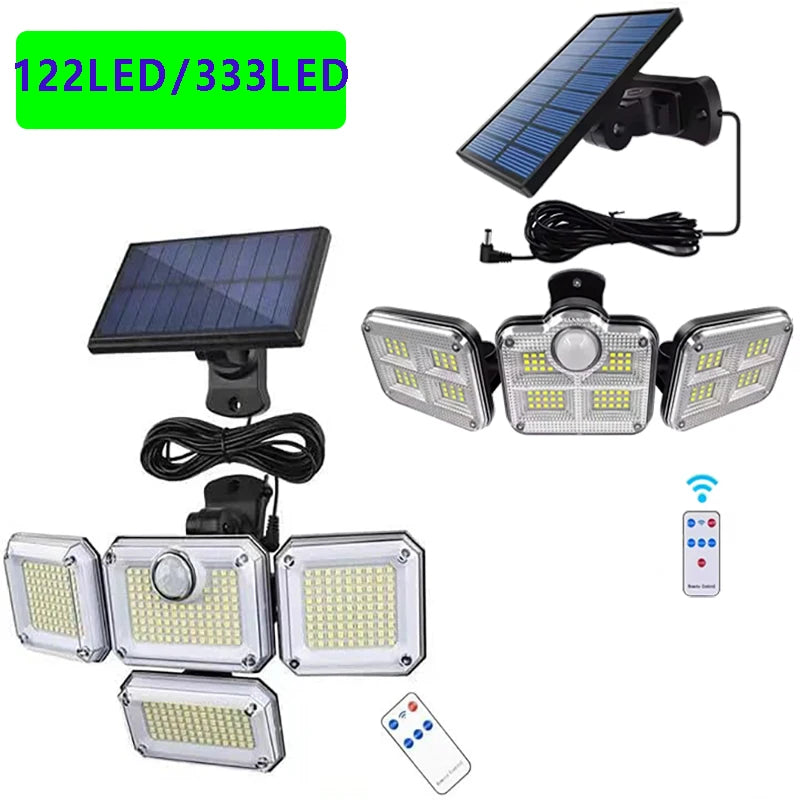 Ultra-Bright 122 LED Solar Flood Light – 4-Head Motion Sensor | 3000LM, 270° Wide-Angle, Waterproof Outdoor Security Lighting