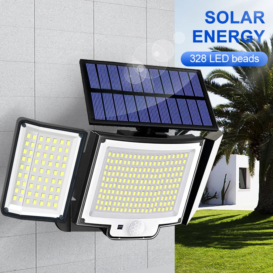 Solar Motion Sensor Wall Light – 328/348 LEDs, Ultra Bright, IP65 Waterproof, 3 Modes for Outdoor & Garden Use