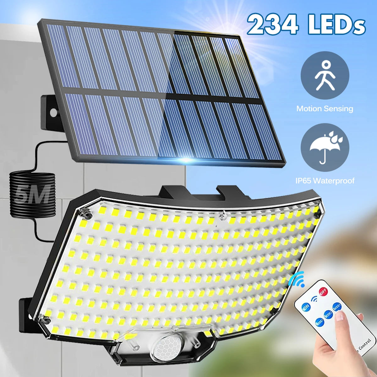 Solar Motion Sensor Flood Light – 234 LED, 3 Modes, Remote Control, IP65 Waterproof for Outdoor Security