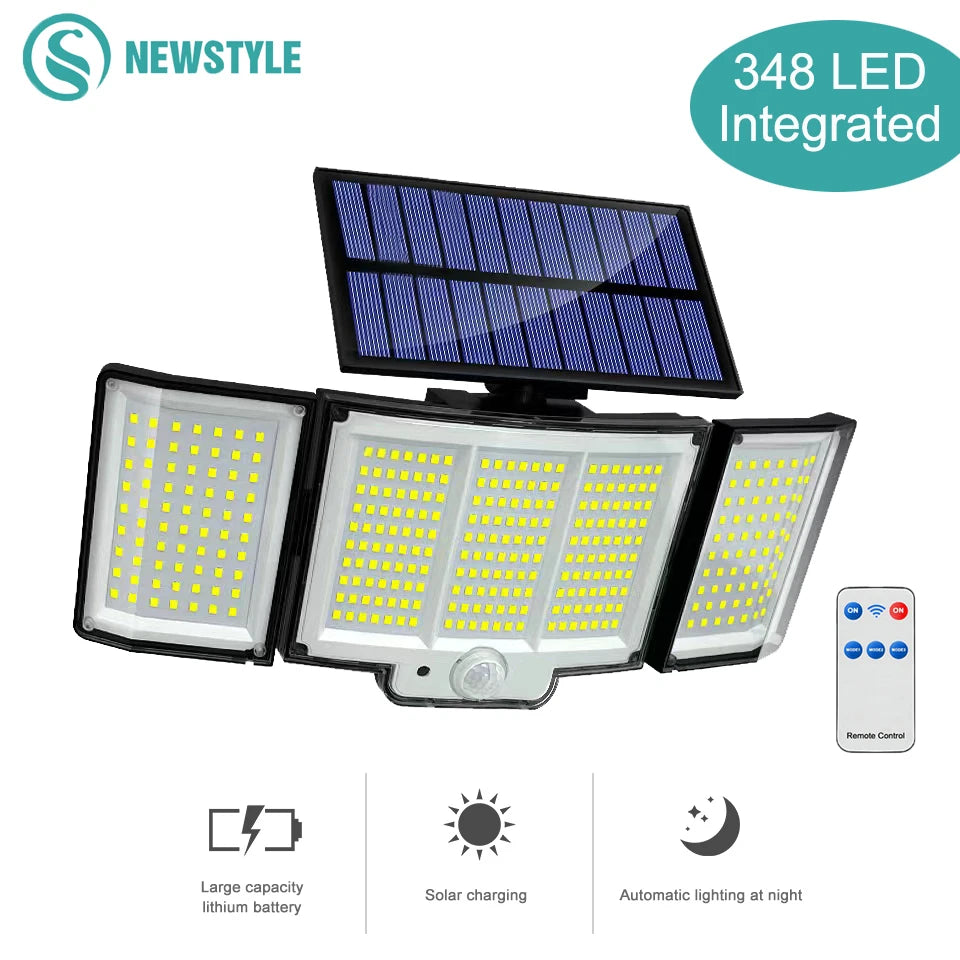 Solar Motion Sensor Wall Light – 328/348 LEDs, Ultra Bright, IP65 Waterproof, 3 Modes for Outdoor & Garden Use