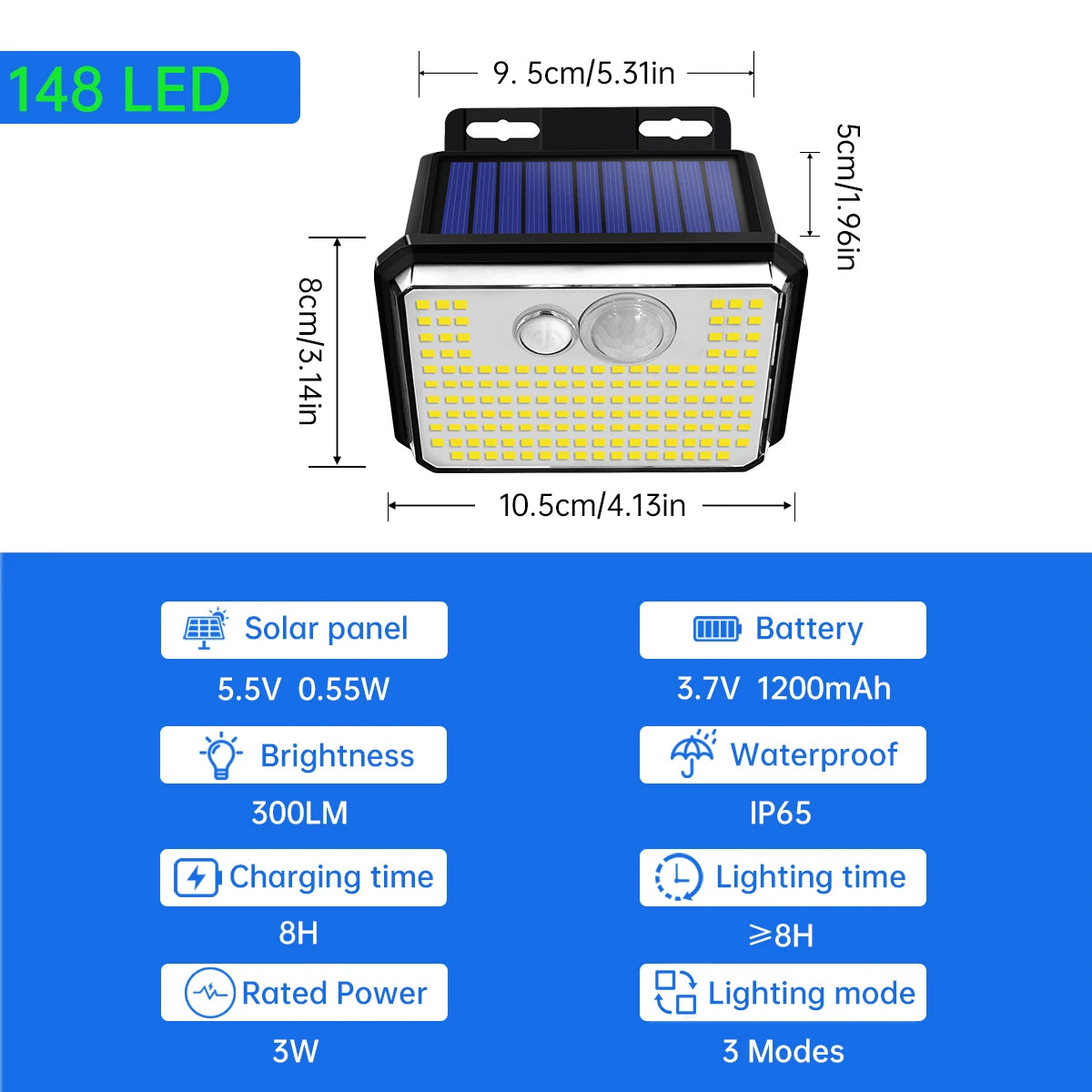 Solar Motion Sensor Wall Light – 148 LEDs, IP65 Waterproof, 3 Modes, Ultra Bright for Outdoor Security
